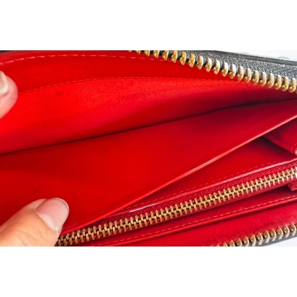 Christian Louboutin ‎ Studded Black Leather Zip Around Wallet Red Interior GUC